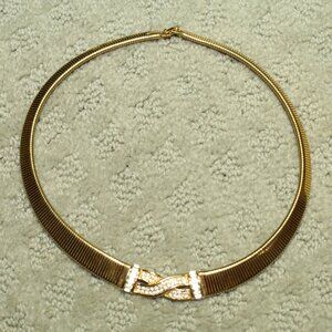 CD Christian Dior Omega Gold Tone Choker Collar Necklace Rhinestone Baguette Vtg
